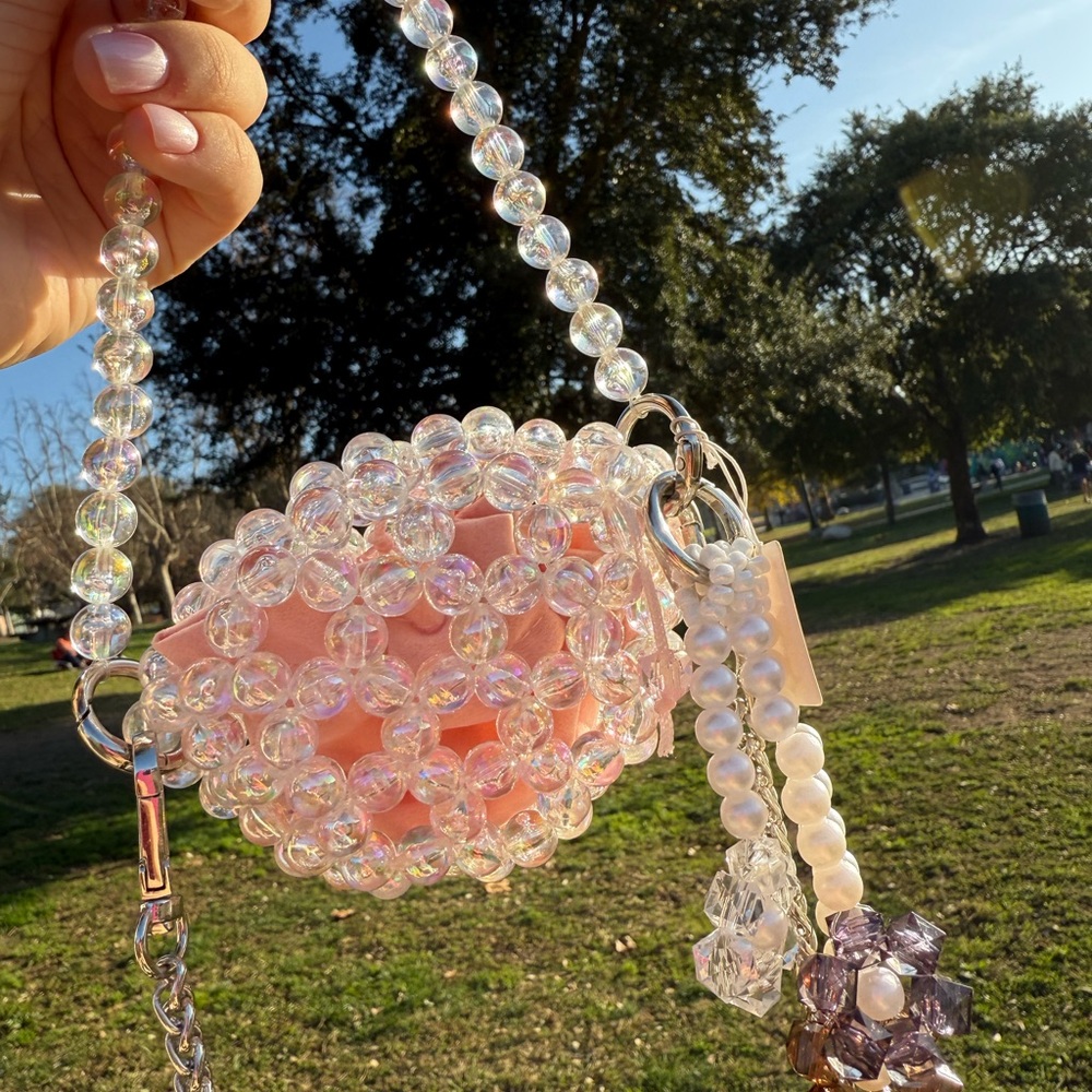 Handmade Beaded Mini Bag – Iridescent Crystal & Pink Core